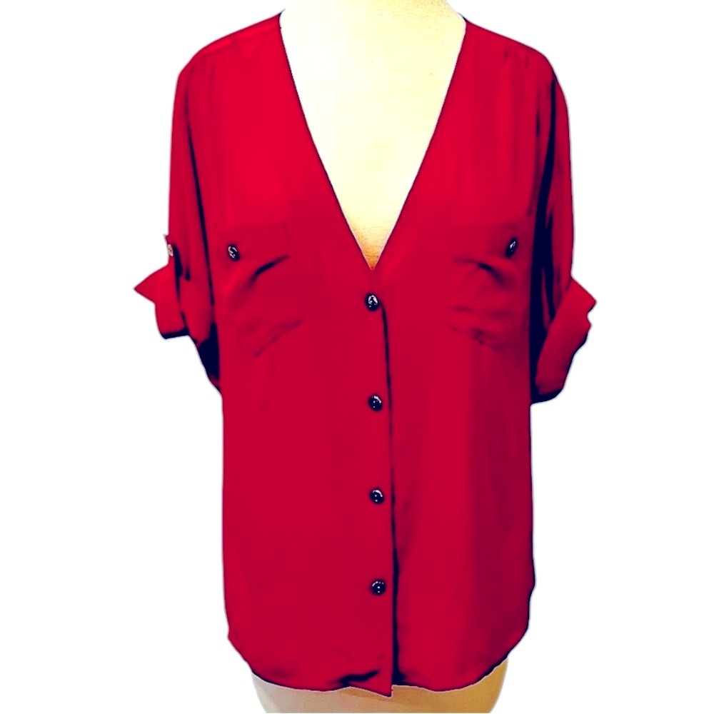 Amanda Uprichard Red Silk Short Sleeve Blouse Top Size Large